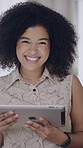 Creative, face or woman in office with tablet, positive attitude or pride in advertisement industry. Happy, technology or branding director with laugh, career growth or confidence in marketing agency