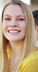 Face, smile and girl in college for education with friends, bonding together or future development. Happy, students and woman at university for learning, hangout or portrait for academic scholarship