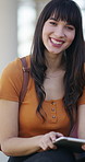 Education, face and tablet with woman on campus for college or university assignment. App, learning and smile of student outdoor at school for development, reading information or study technology