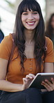 Education, smile and tablet with woman on campus for college or university assignment. App, face and learning with student outdoor at school for development, reading information or study technology