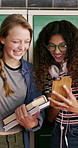 Friends, laugh and social media in high school with phone, funny post and bonding together at recess. Happy, young girls and teenager students by locker with tech, online meme and internet humor.