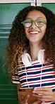 Phone, laugh and face of teenager at school for texting, networking or funny meme on social media. Happy, eyewear and girl student with cellphone for online connection on app by locker at academy.