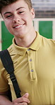 Face, pride or child in high school with smile, knowledge or scholarship in academic development. Education, teenager or student in hallway with backpack, confidence or growth in learning opportunity