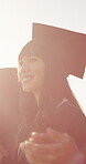 Woman, group and applause at university for graduation, peer support and happy for achievement. Students, clapping or outdoor on campus for academic success, sunshine or smile for education milestone