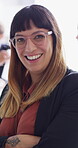 Face, meeting and business woman laughing in office for about us, branding manager and professional pride. Confidence, creative director and joke with employee in media agency for advertising project