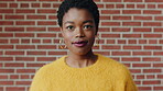 Marketing, pride or black woman on brick wall with face, space or experience in creative agency. Happy, portrait or brand clerk with confidence, ambition or career growth in campaign management.