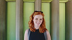 Fashion, sunglasses and face of woman outdoor for trendy clothes, style and confidence for travel. Happy, tourist and portrait of person with cool clothing, outfit and accessories for city holiday