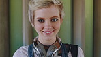 Face, girl and happy student at university for learning, study opportunity and arts education. Academic, gen z person and smile on campus for college semester, music scholarship and creative course