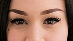 Closeup, face and woman with makeup, eye care and contact lenses for vision health or ophthalmology. Eyesight, wellness and person with mascara for beauty, healthcare and retina exam and cosmetics