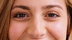 Closeup, face and woman with smile, eye care and contact lenses for vision health and ophthalmology. Iris, exam and happy person with eyesight wellness, portrait and optical prescription in Canada