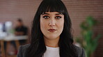 Face, serious or woman with confidence in creative agency, digital marketing or campaign management. Portrait, ads development or person with ambition for brand awareness project, pride or about us