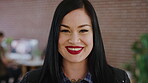 Face, happy or woman with confidence in creative agency, digital marketing or campaign management. Portrait, ads development or manager with ambition for brand awareness project, smile or about us