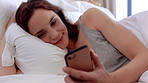 Relax, reading and woman with phone in bed, social media and check message notification for morning. Connection, browsing online and happy person with mobile for alarm app, home or digital newsletter