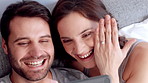 Marriage, announcement and video call with happy couple for engagement or proposal in home. Man, woman or celebration with ring, phone or app for virtual chat, good news or sharing surprise together