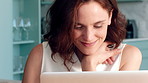 Woman, smile and remote work in home with laptop, good news or complete submission for email marketing. Happy, person and freelance advertising with computer, positive feedback and done with project.
