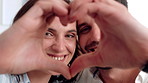 Heart hands, face or couple in house with smile, love and compassion symbol in healthy relationship. Happy, portrait and people with care emoji, romance gesture and kindness shape in partnership.
