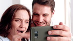 Phone, wave and couple with video call in home, online communication and greeting for weekend chat. Connection, mobile and people with hello gesture for virtual conversation, smile and networking