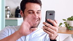 Phone, wave and man with video call in house, online communication and greeting for weekend networking. Connection, mobile and person with hello gesture for virtual conversation, smile and web chat