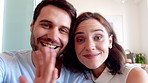 Video call, face or couple in house with wave, online connection or hello gesture in living room. Happy, portrait or people with greeting, digital communication or bonding together on virtual app.
