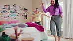Dancing, music and sisters in bedroom with energy, rhythm or bonding together with radio. Groove, happy and female siblings moving to playlist on weekend with growth, fun and development in house.