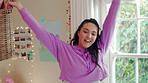 Dancing, series and woman with laundry in bedroom with music for chores, housework and cleaning. Home, happy and montage of person with audio, radio and movement with basket for hygiene routine