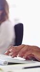 Business, hands and woman with computer keyboard for research, story writing and blog in magazine. Typing, technology and coworking employee online for news report, proofreading and creative career