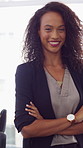 Crossed arms, pride and face of businesswoman in office with finance career growth. Laugh, professional and portrait of female financial manager with confidence for company about us in workplace.