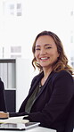 Face, woman or happy with typing in office for accounting report, auditing experience or about us. Coworking, accountant or smile at firm for tax preparation, payroll processing and career confidence
