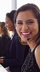 Call center, face and happy woman with mic, chat and talking with contact for sales or telemarketing. Agent, laugh and person with headset for communication, coworking and lead generation in office