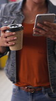 Coffee shop, phone and people at counter with drink for service, online rating and loyalty program. Restaurant, customer and woman on cellphone for cafe review, website and social media with beverage