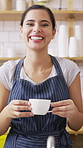 Serve, woman and hands of barista in cafe with coffee for customer order, service or hospitality career. Cup, cappuccino and female waitress with warm beverage for purchase in restaurant or diner.