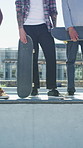 People, skateboard and legs with ramp in city for outdoor hobby, extreme sport or parkour. Shoes, community or skaters with ride or deck on ledge for recreation activity or art in urban skate park