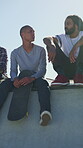 Talking, friends or men with skateboard on ramp, technique advice or trick progress for practice break. Rest, conversation or happy people with equipment maintenance tips, outdoor hobby or sunshine