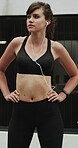 Runner, earphones and thinking with woman in city for streaming service, health podcast and cardio. Wellness, exercise playlist and training music with person outdoor for vision, workout and radio