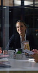 Meeting, manager or team in office with laptop, problem solving or growth plan in budget review. People, smile or finance advisor with tech, director insight or collaboration for investment strategy.