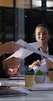 Night, meeting and business people in glass office with paperwork, financial report or audit deadline. Late, woman and team in firm with discussion, finance documents or strategy for risk management.
