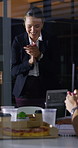 Night, meeting and business people in office with applause, completed audit and drinks for cheers. Late, window and coworkers in firm with beverage toast, finished finance review or clap for teamwork
