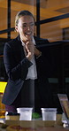 Night, happy and business people in office with applause, financial paperwork or success for audit. Late, woman and team celebration in firm with completed finance report, collaboration and clapping.