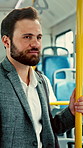 Businessman, commute and ride on bus for work destination, thinking and travel for real estate job. Realtor, person and morning journey by public transport with vision, plan and handrail for balance.