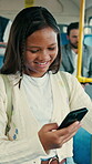 Bus, happy and girl or student with phone for travel, communication and chat. School, commute and teenager or person with mobile app for social media, texting and internet on public transport