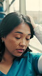 Fatigue, commute or nurse on bus with rest, exhausted or sleep in town travel. Brain fog, healthcare worker or woman at window with low energy, overworked or tired passenger in city transportation.