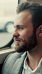 Businessman, thinking and commute by bus window for work destination, travel and real estate career. Realtor, person and morning journey in public transport with thoughts, plan and vision for future.