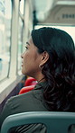 Woman, thinking and travel with window in bus for sightseeing, tourism or commute in city street. Back view, thoughtful or female person with reflection in public transportation for road trip in town