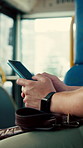 Hands, mobile and person in bus for journey, typing message and notification update for travel. Phone, public transport and passenger on internet for social media, connection and morning commute