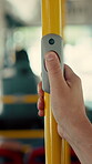 Press, hands and stop button in bus for travel, passenger destination and request signal for transit. Public transportation, commute and person with alert for journey end, push and drop off location