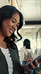 Travel, phone and woman in bus for online post, text message and reading notification on app. Mobile, public transport and happy person on internet for social media, scroll blog and morning commute