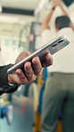 Hands, mobile and person in bus for travel, typing message and check notification for contact. Phone, public transport and passenger on internet for journey update, connection and morning commute