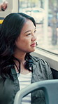 Businesswoman, thinking and commute by bus window with work destination, travel or real estate career. Realtor, person and morning journey in public transport with thoughts, plan or vision for future