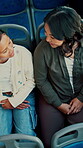 Travel, bus and mom with child talking of city, commute and pointing out window for sightseeing. Happy, relax and above of woman and girl on public transport for trip, tourism or journey on weekend