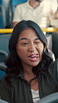 Bus, woman and funny face for selfie, travel memory and tongue out for social media post on commute. Public transport, happy person and picture on trip, silly photography and passenger on journey